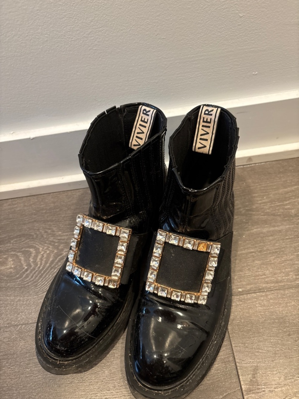 ViVI Black Patent Leather Ankle Booties with Crystal Buckle